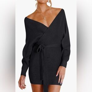 Black V-Neck Knitted Open Back Sweater Dress with Tie